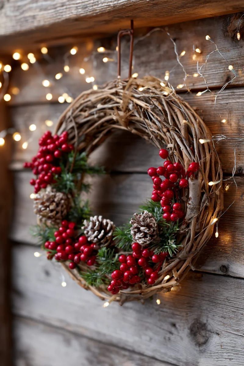 rustic pinecone and berry wreath framed with twinkling string lights 1
