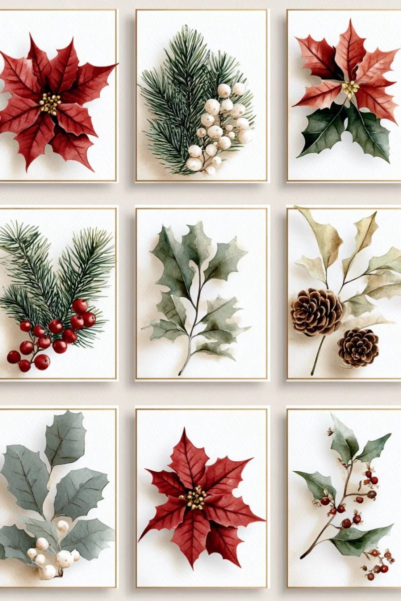 watercolor christmas botanicals framed in a symmetrical grid 1