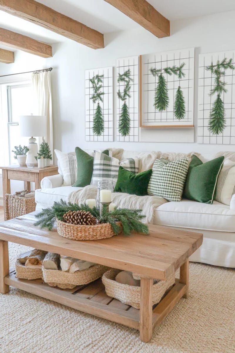 minimal green and white grid with tiny pine tree illustrations 1