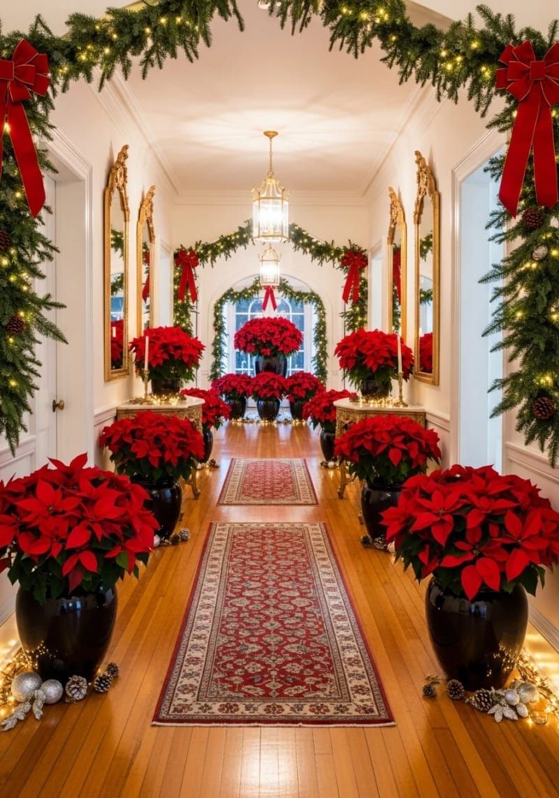 lush red poinsettias lining the hallway in glossy pots 1