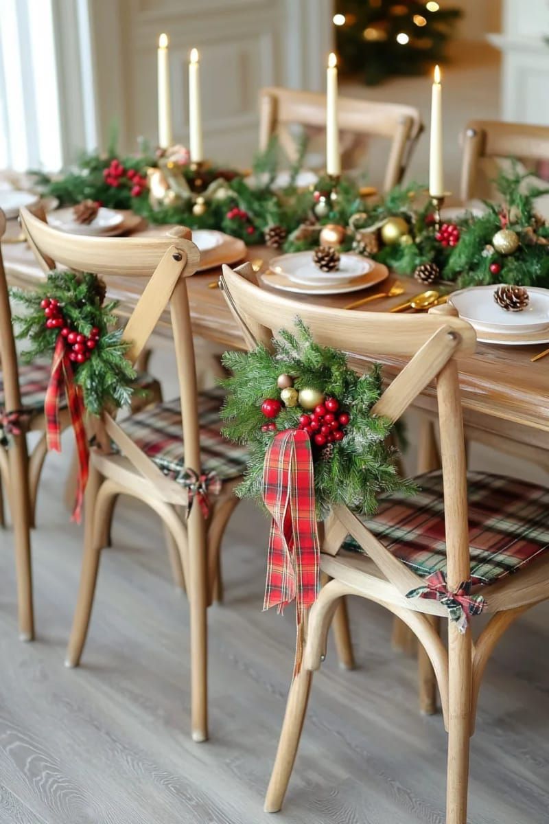 diy mini wreaths tied to dining chairs with tartan ribbon 1