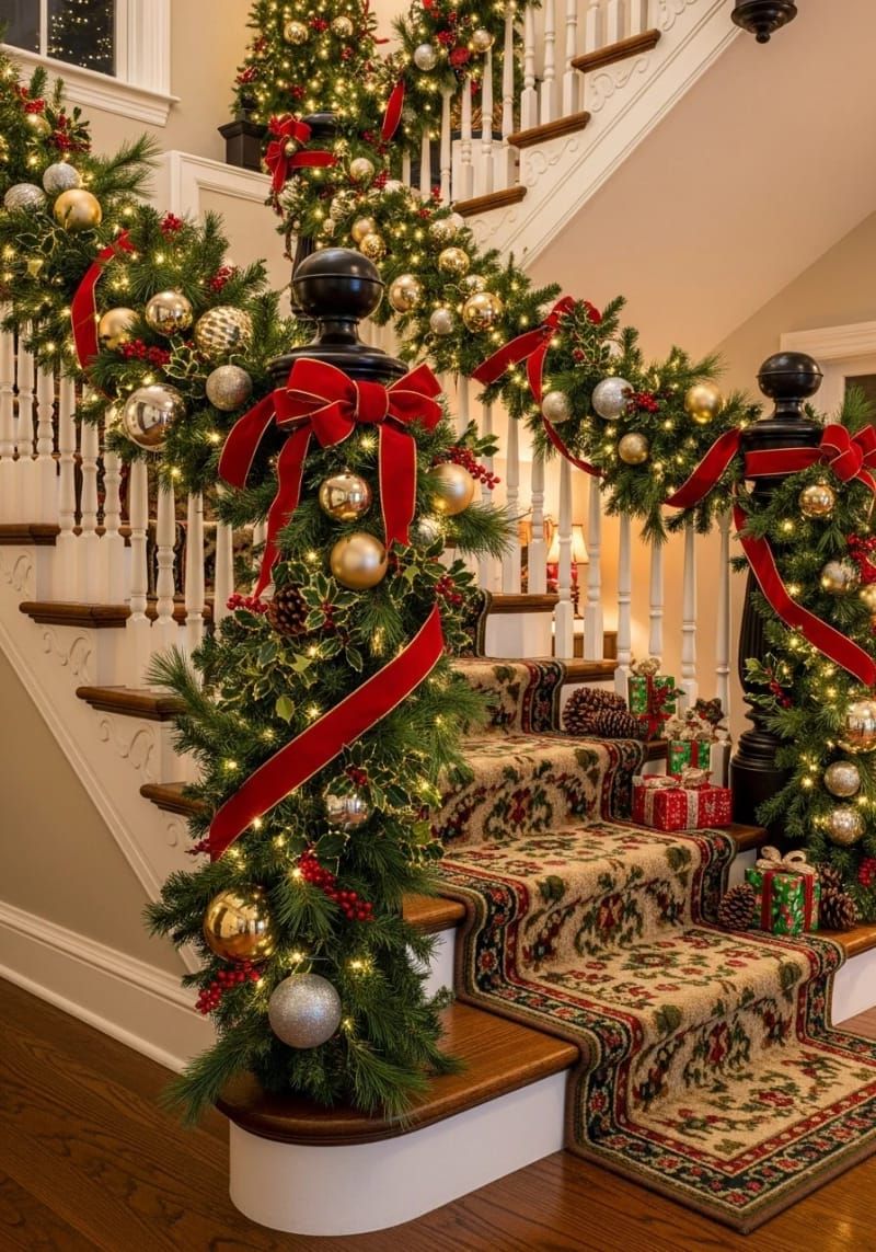 cascading garland on staircase with red velvet ribbon 1