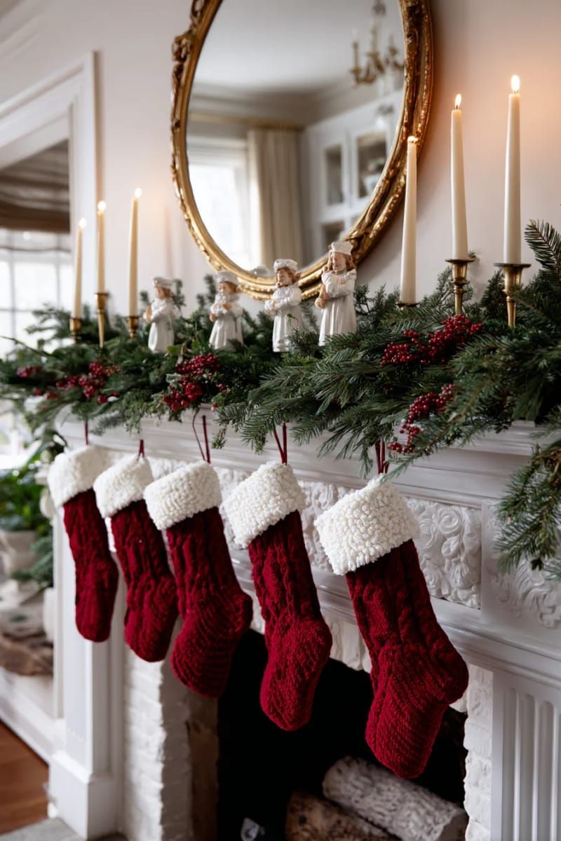 vintage-inspired mantel with red velvet stockings and pine garland accents 1