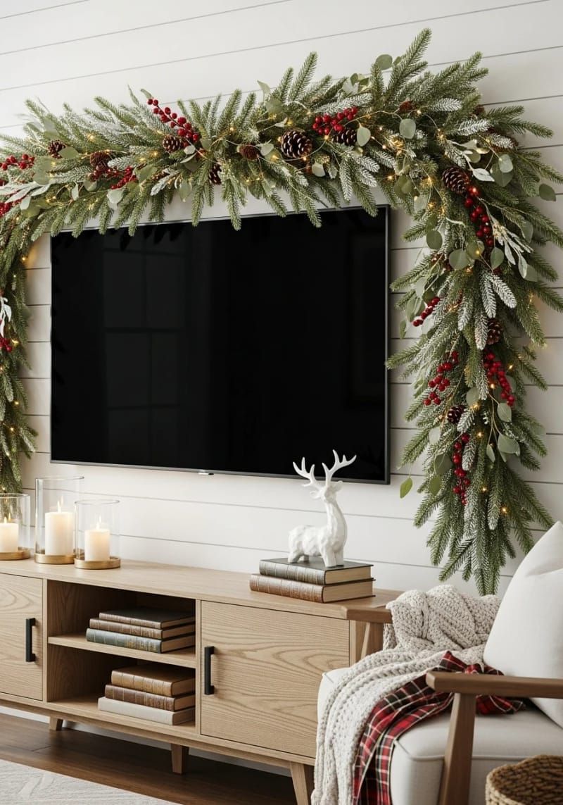 over-the-tv garland with red berries and pinecones 1