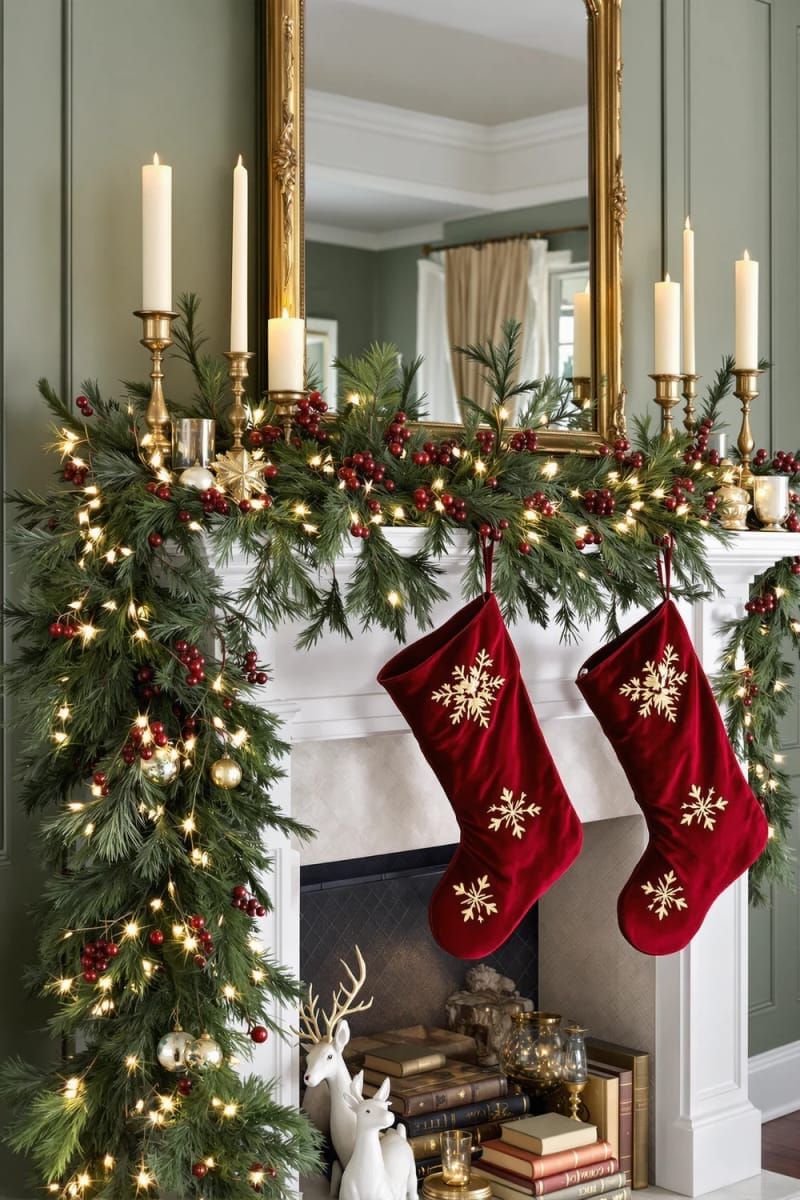 vintage-inspired mantel with red velvet stockings and pine garland accents 1