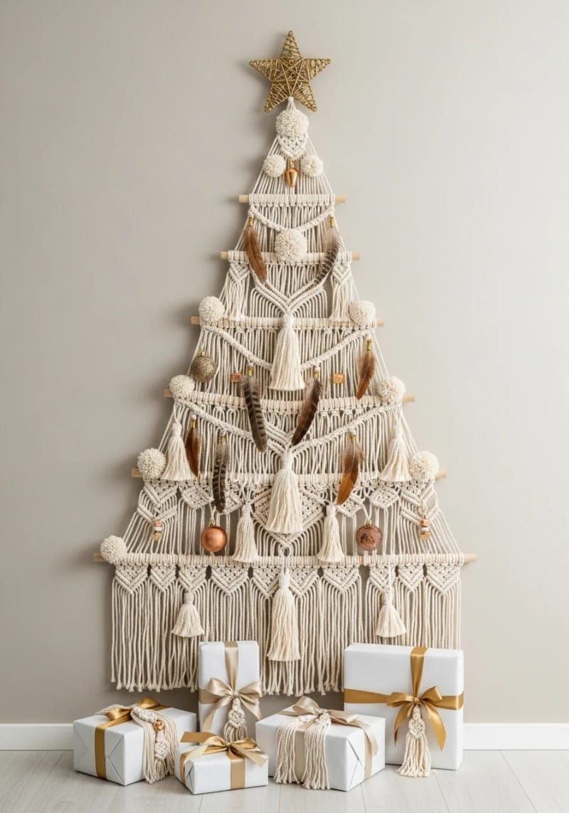 boho-inspired tree with feathers, macramé, and copper baubles 1