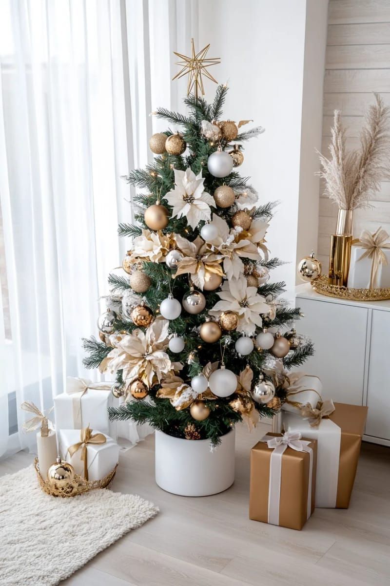 minimalist white and gold tree with delicate glass ornaments 1