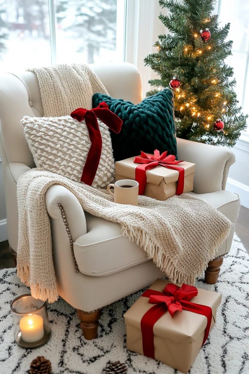 cozy reading nook with stacked presents and chunky knit pillows 1