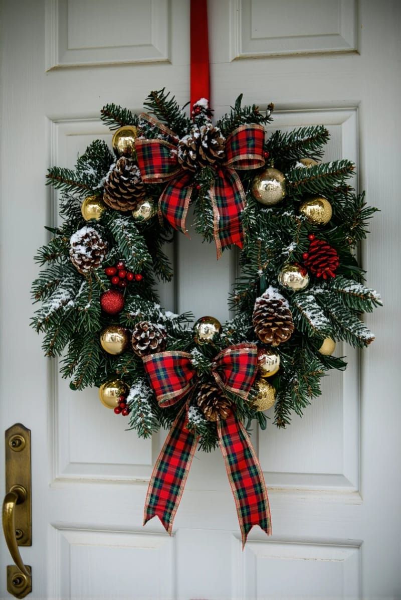 classic plaid wreath with gold baubles and tartan ribbon bow 1
