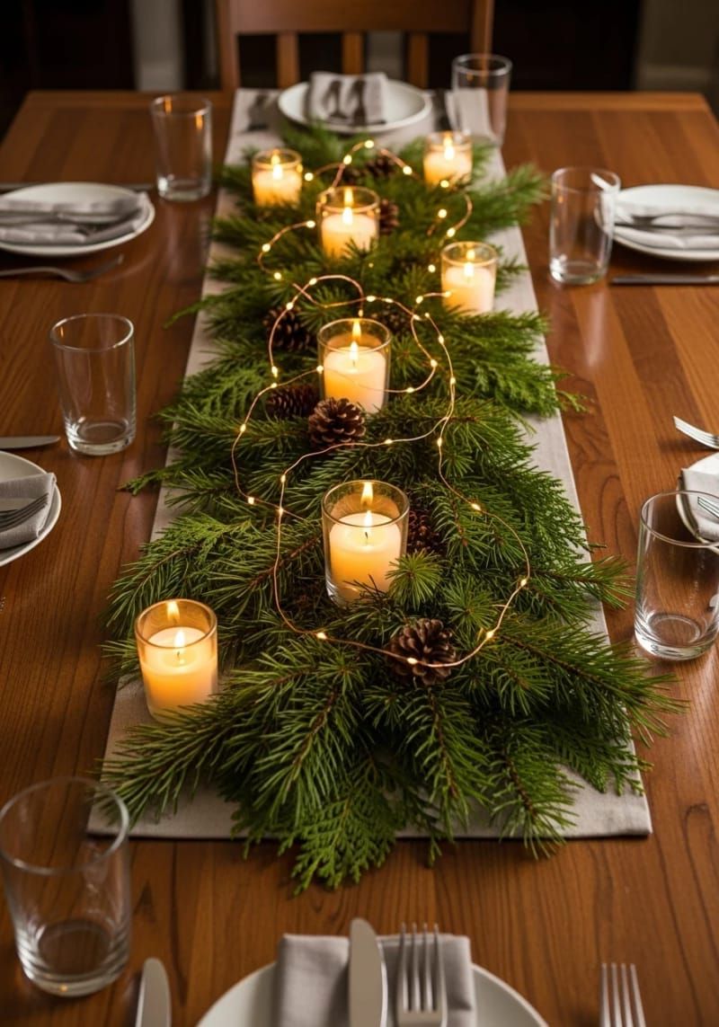 candlelit pine branch centerpiece with twinkle lights for dinner table 1