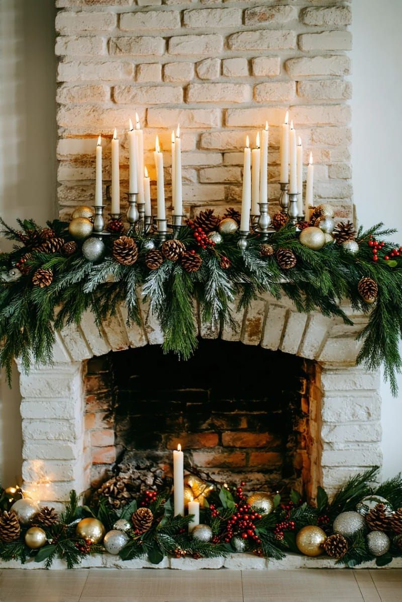 nature-inspired mantel with fresh pine, eucalyptus, and white candles 1