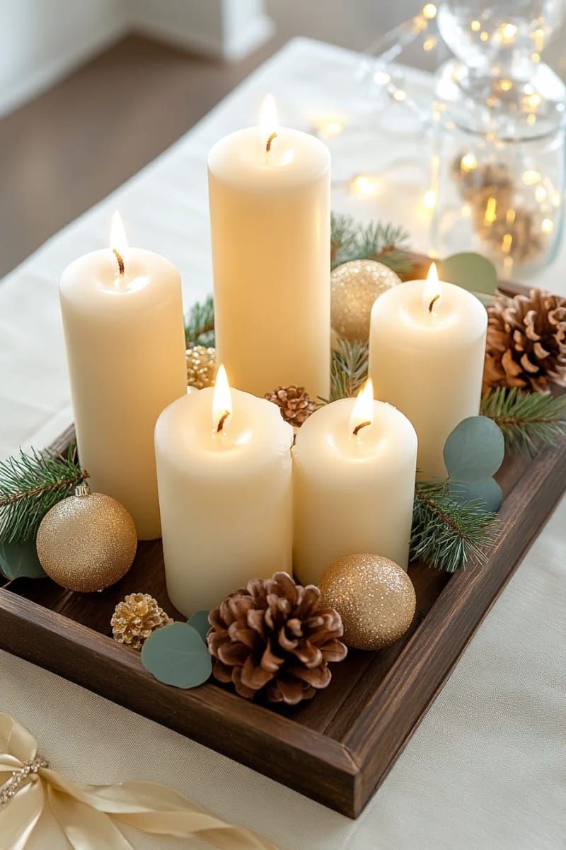 clustered pillar candles with golden ornaments for a warm glow 1