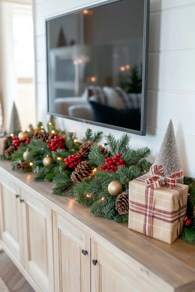over-the-tv garland with red berries and pinecones 1