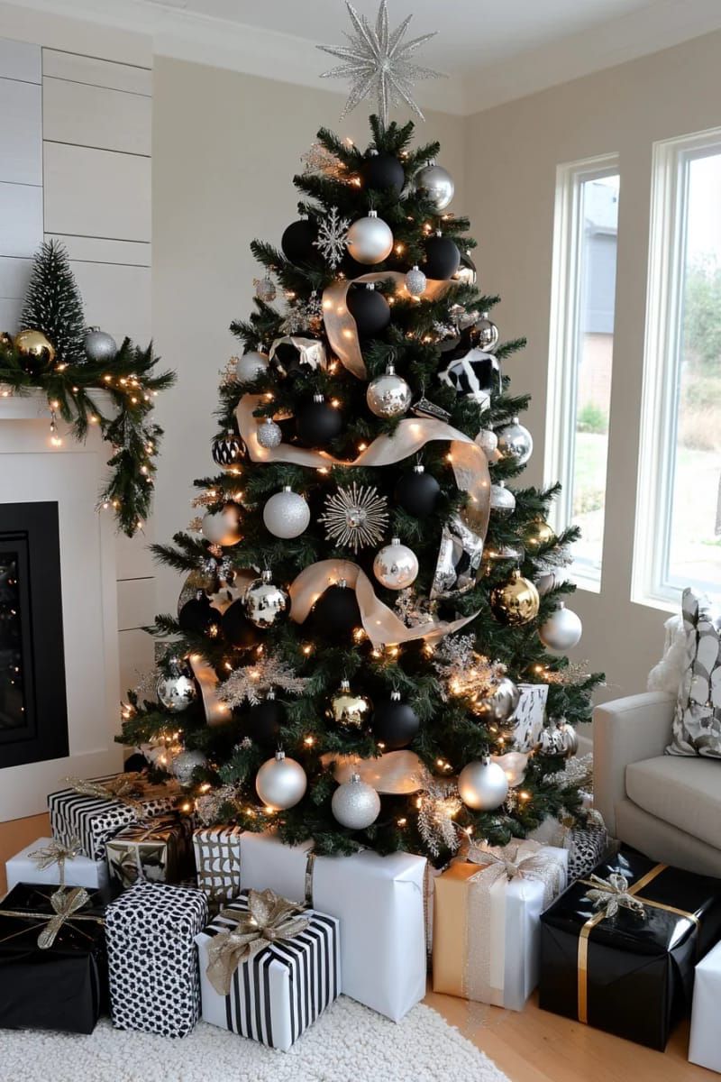elegant black and white christmas tree with metallic ornaments 1