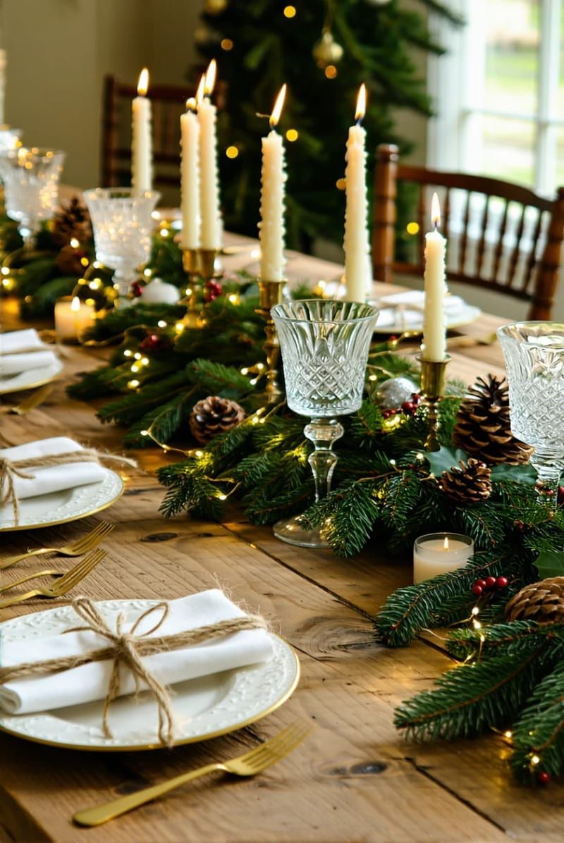 candlelit pine branch centerpiece with twinkle lights for dinner table 1