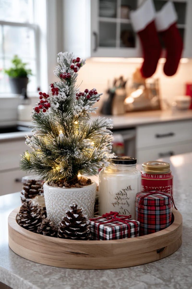 tiered trays with mini trees, tiny presents, and fairy lights 1