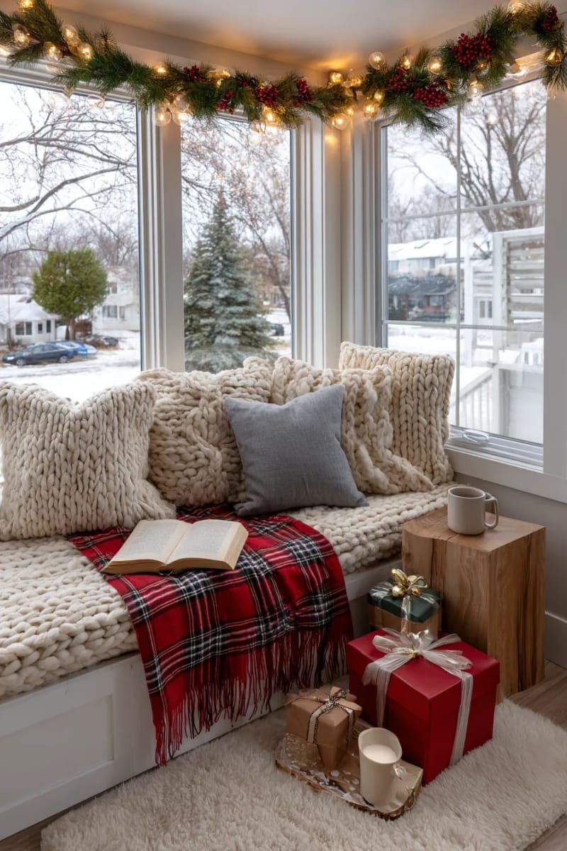 cozy reading nook with stacked presents and chunky knit pillows 1