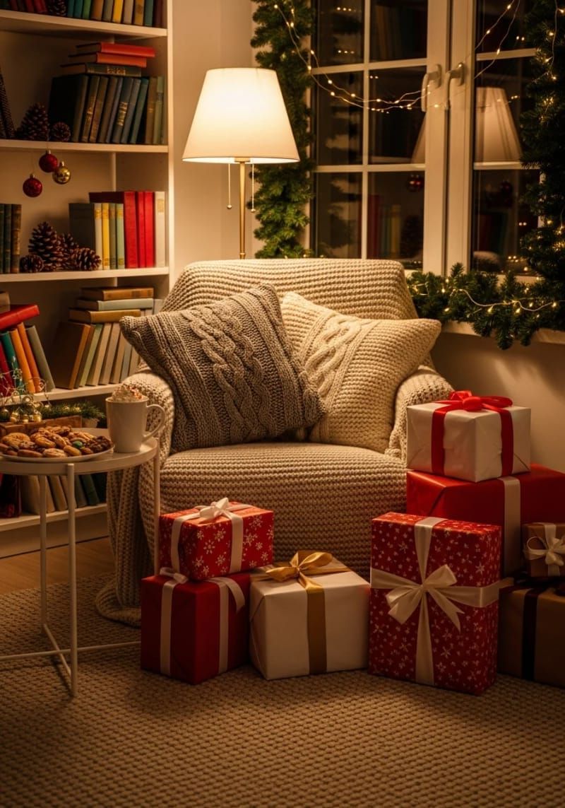 cozy reading nook with stacked presents and chunky knit pillows 1