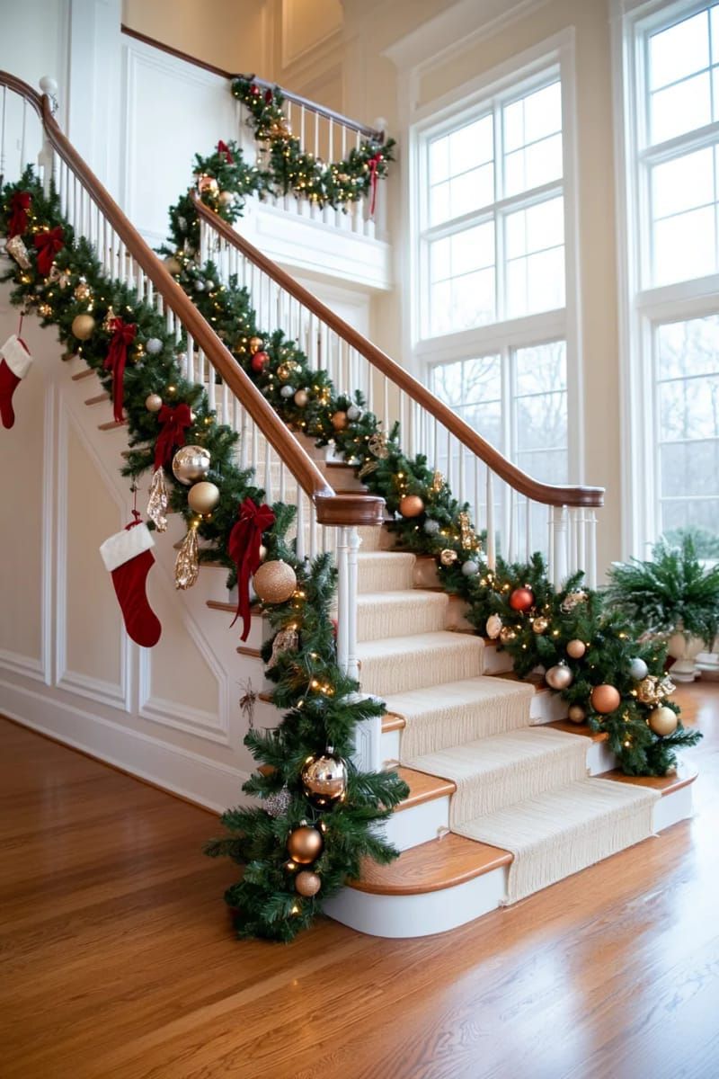 cascading garland on staircase with red velvet ribbon 1