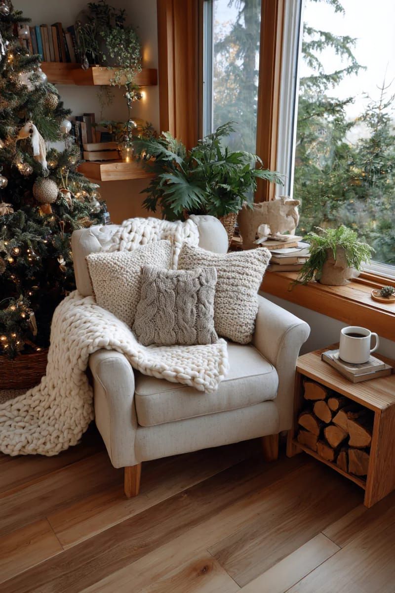 cozy cottagecore corner featuring knitted throws and woodland tree décor 1