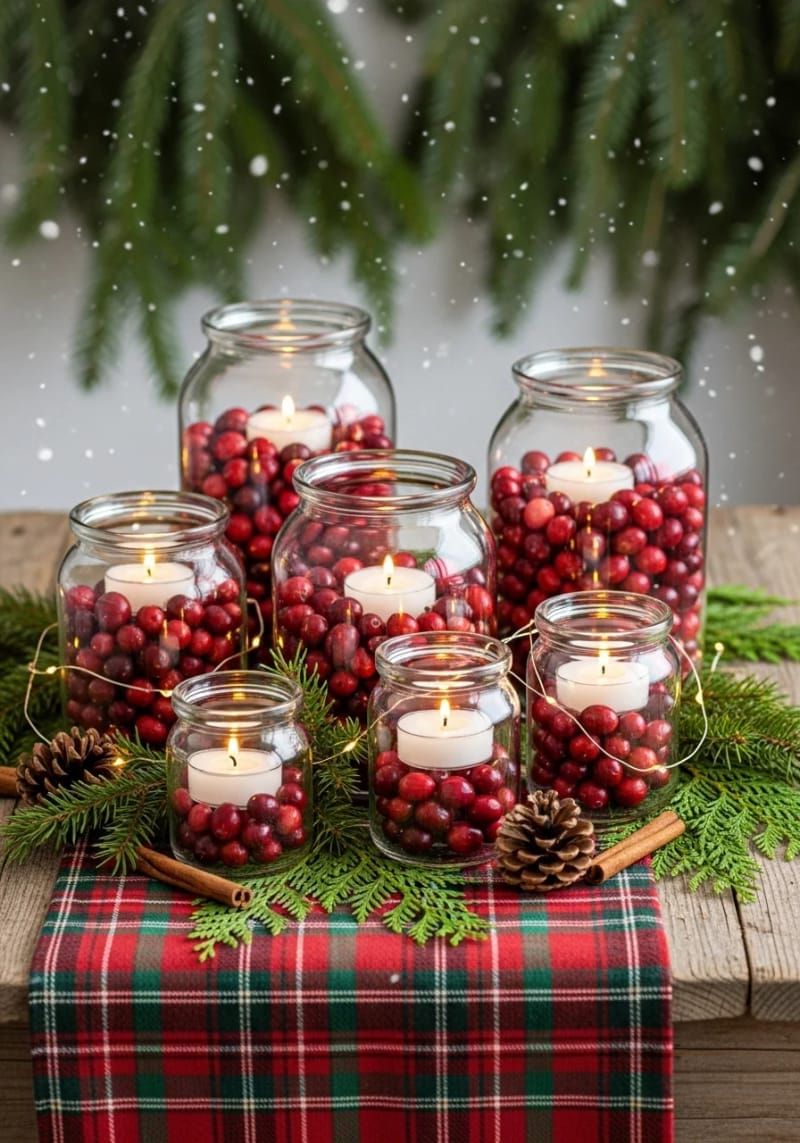 repurposed glass jars filled with cranberries and floating tea lights 1