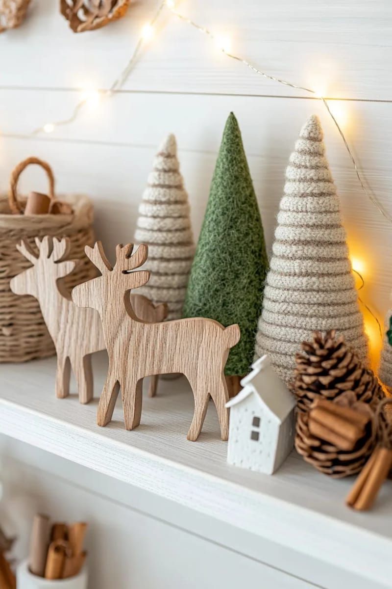 rustic wooden reindeer and cone trees on a scandinavian shelf 1