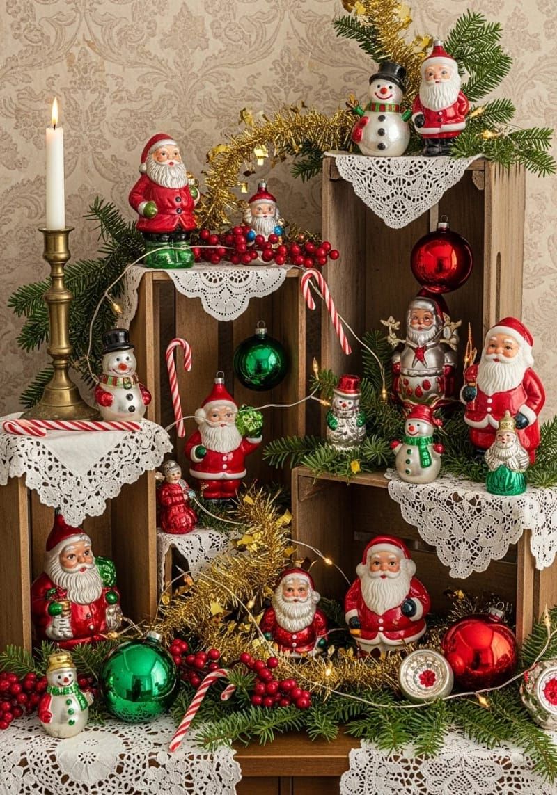 eclectic mix of vintage santa and snowman figurines 1