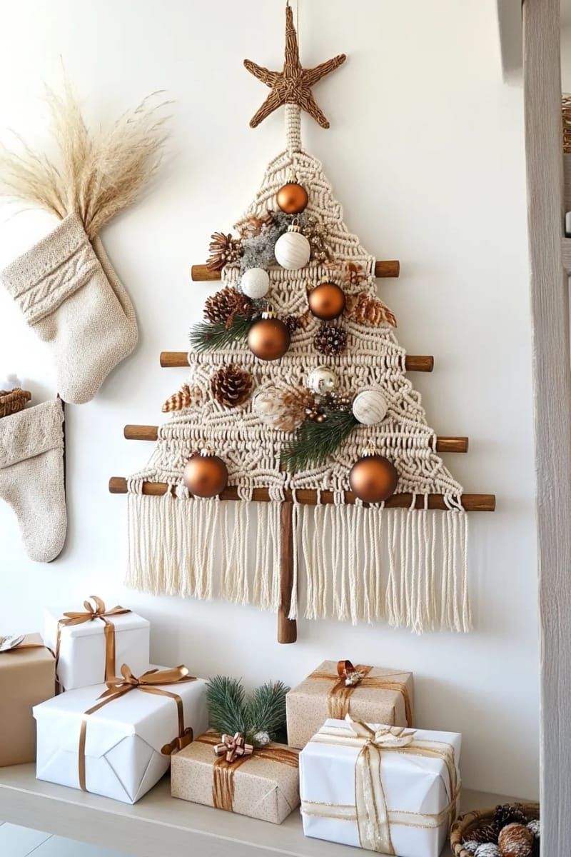 boho-inspired tree with feathers, macramé, and copper baubles 1