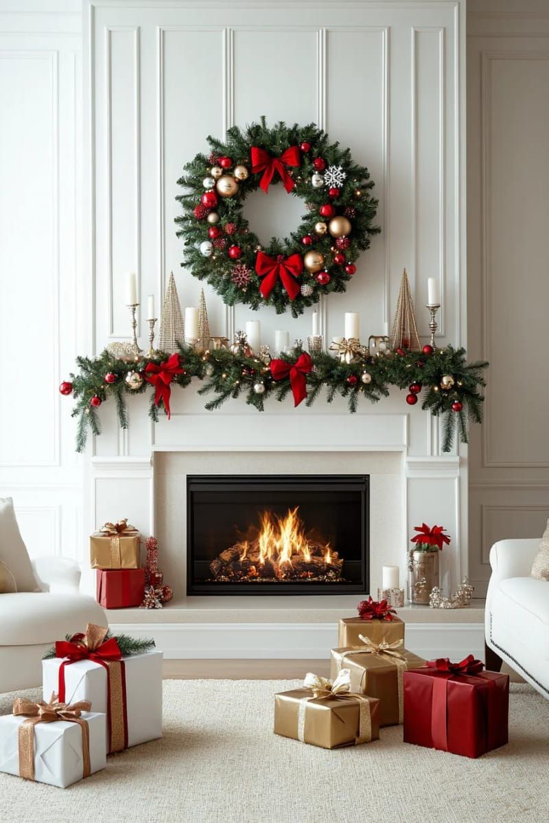 statement oversized wreath above the fireplace mantel 1