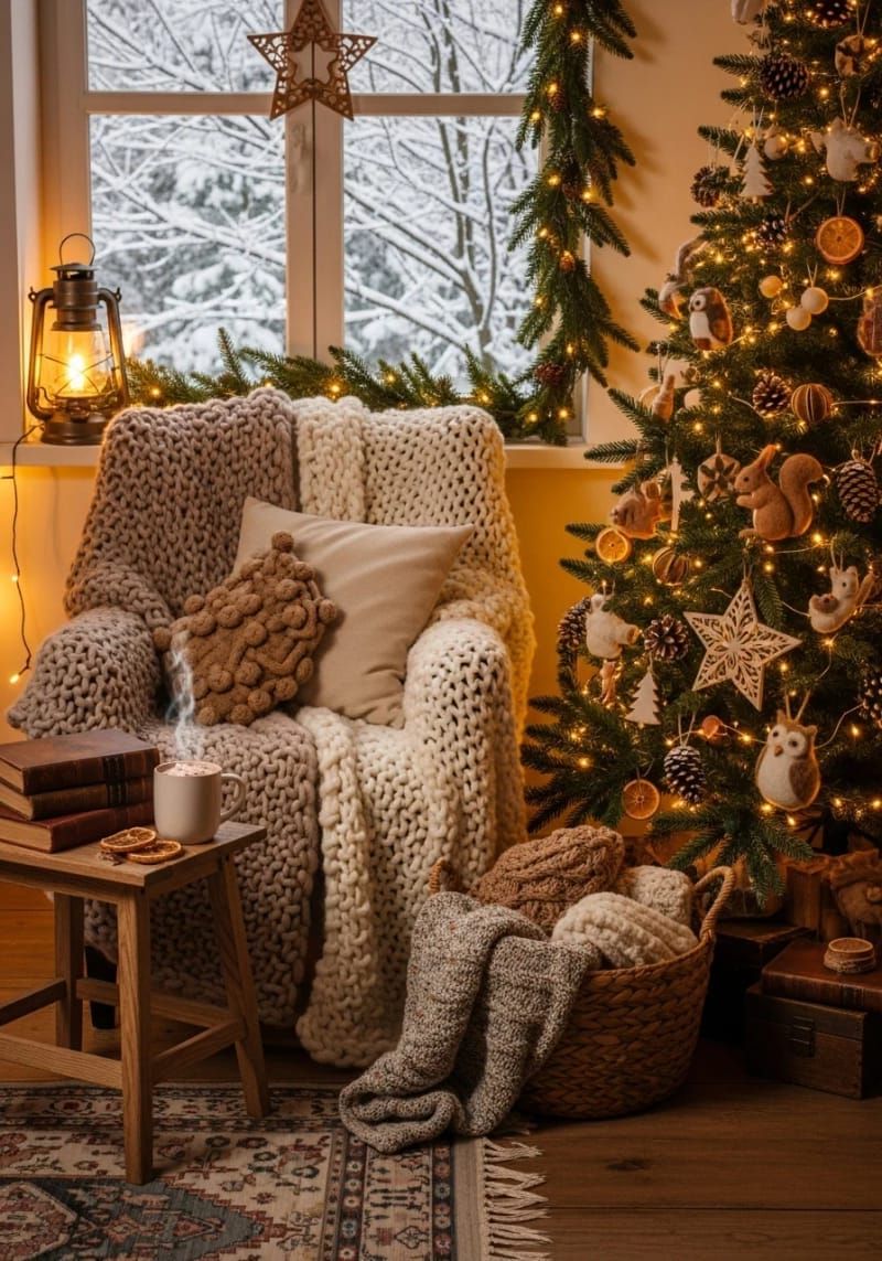 cozy cottagecore corner featuring knitted throws and woodland tree décor 1