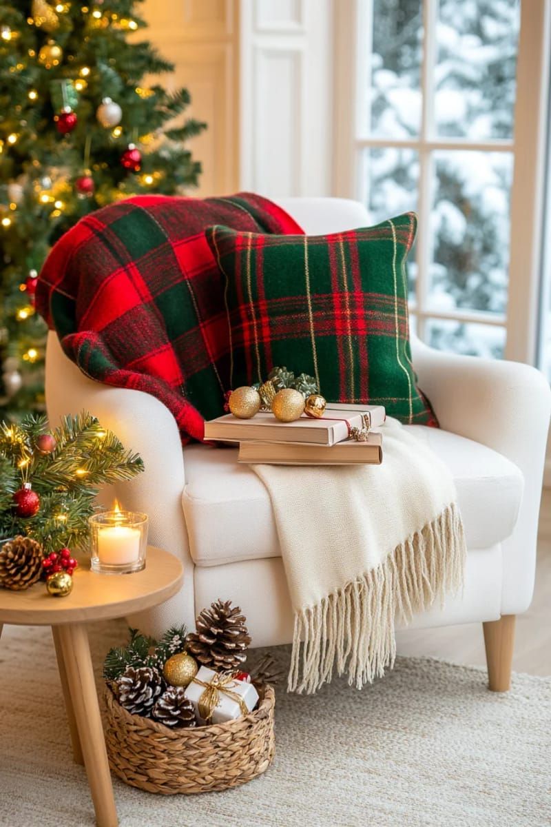 plaid throw blanket draped over a white armchair 1