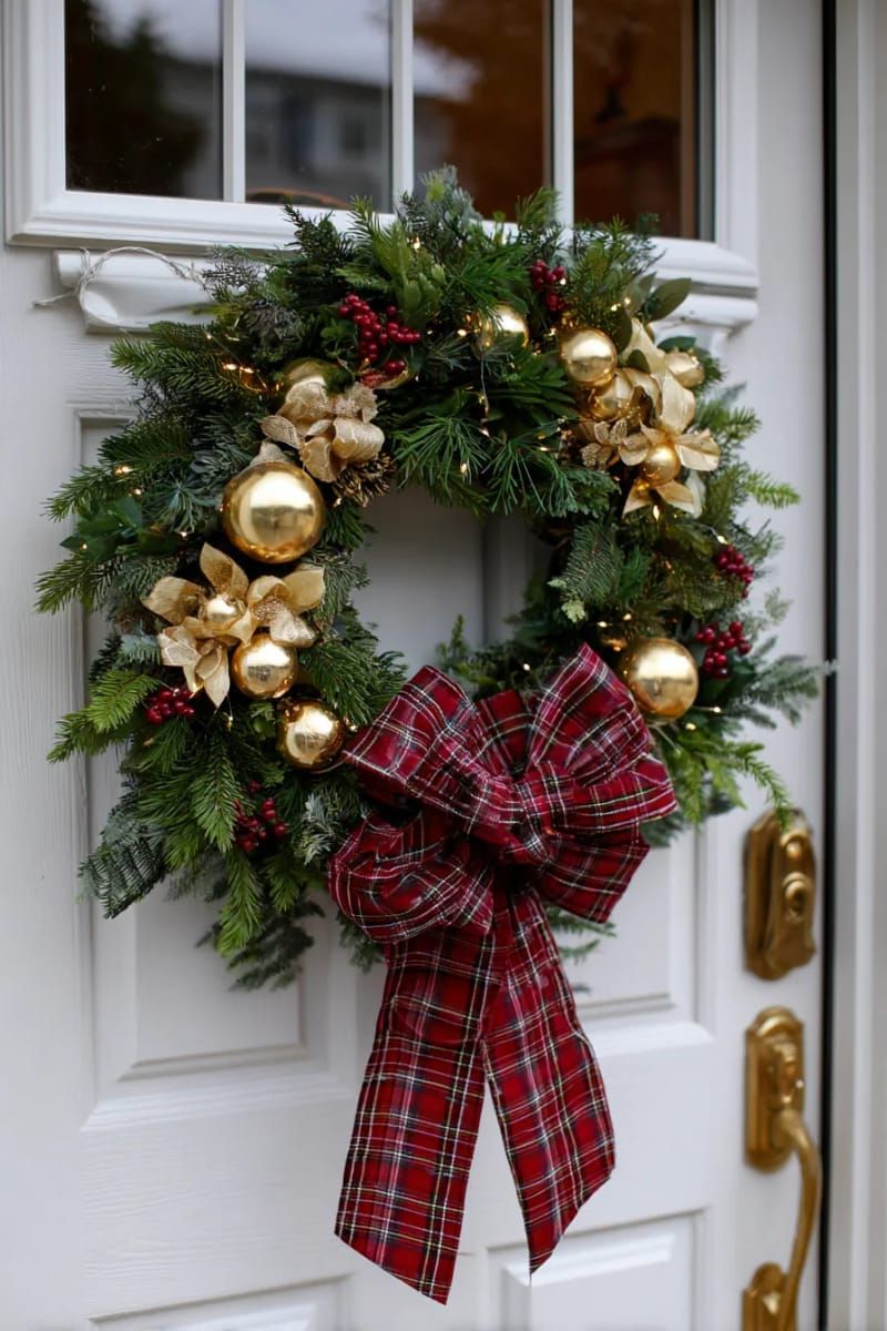 classic plaid wreath with gold baubles and tartan ribbon bow 1