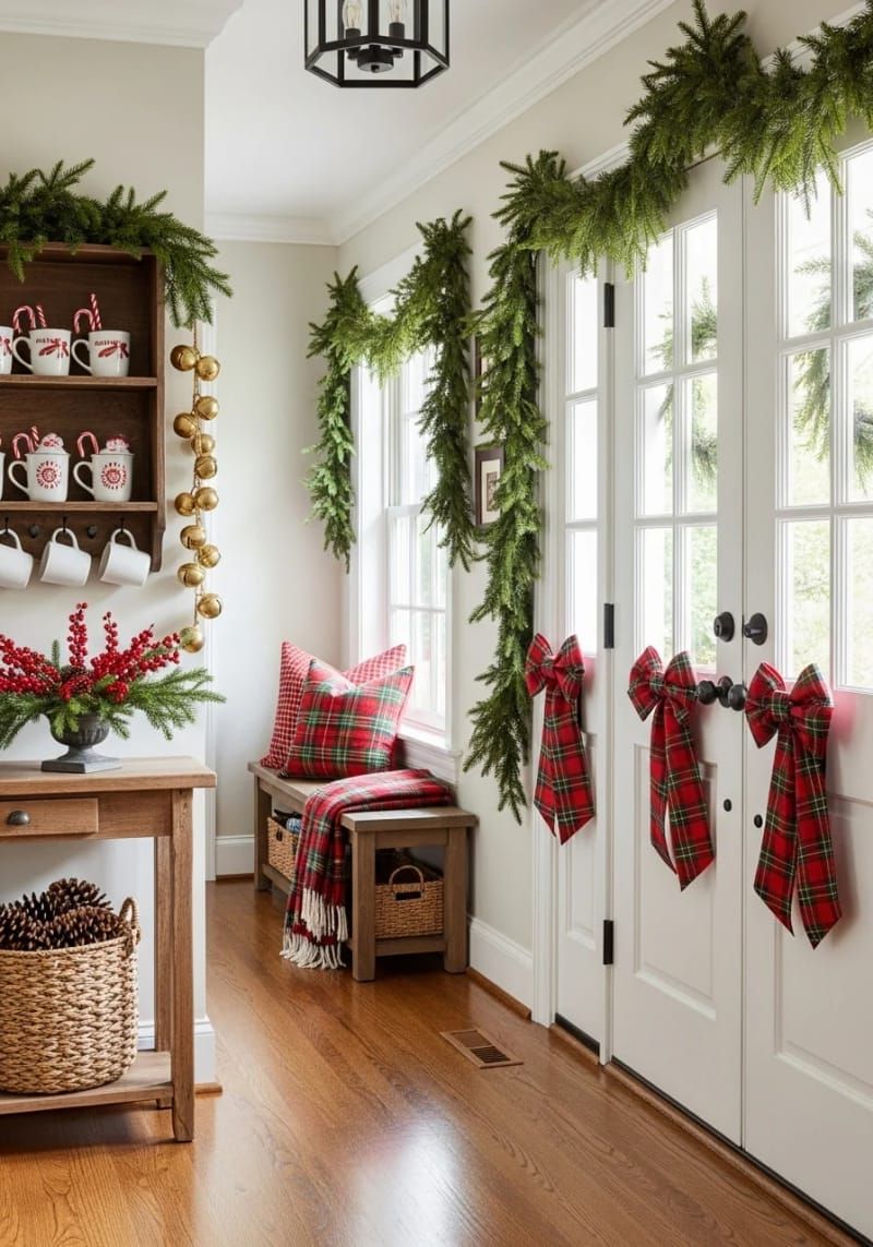 festive plaid bows on every interior door handle 1