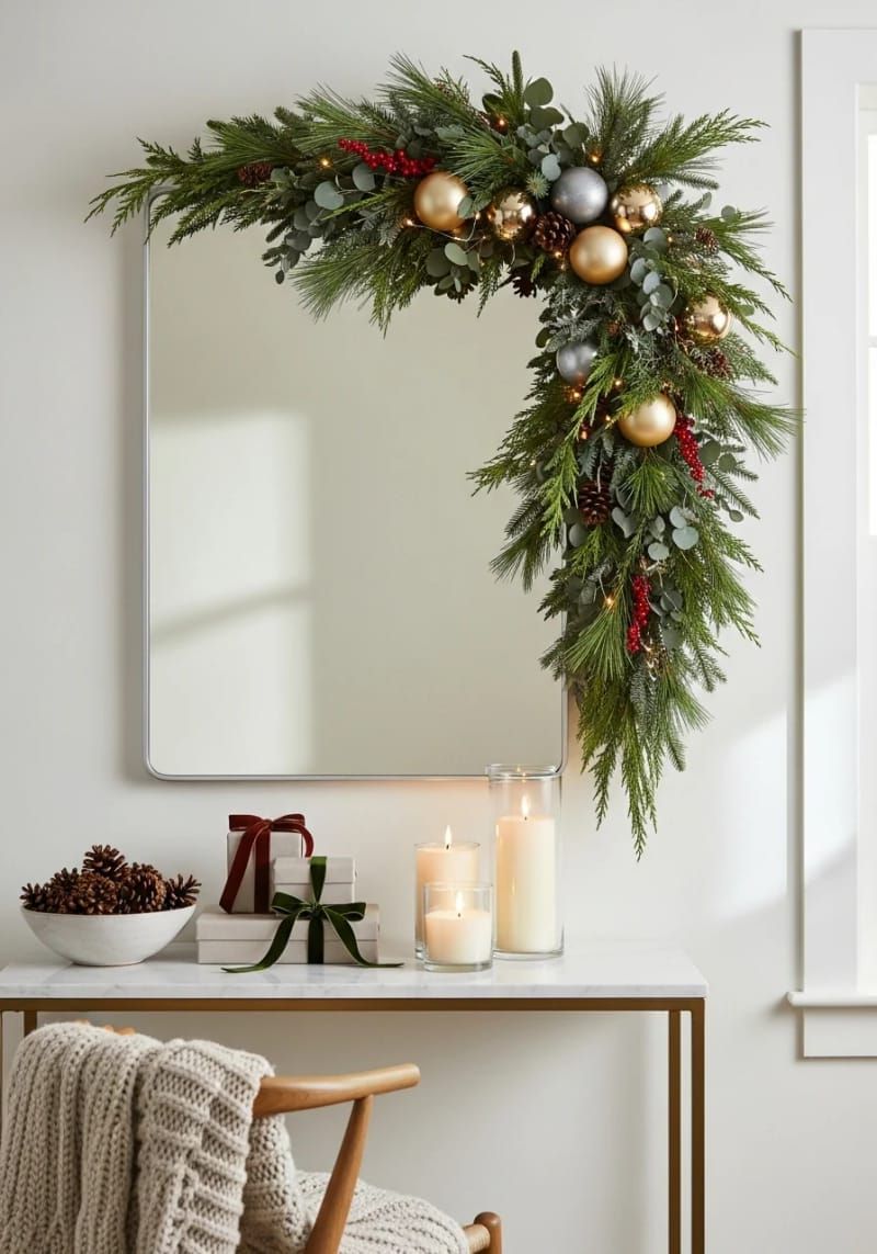 asymmetrical garland draped over a modern mirror 1