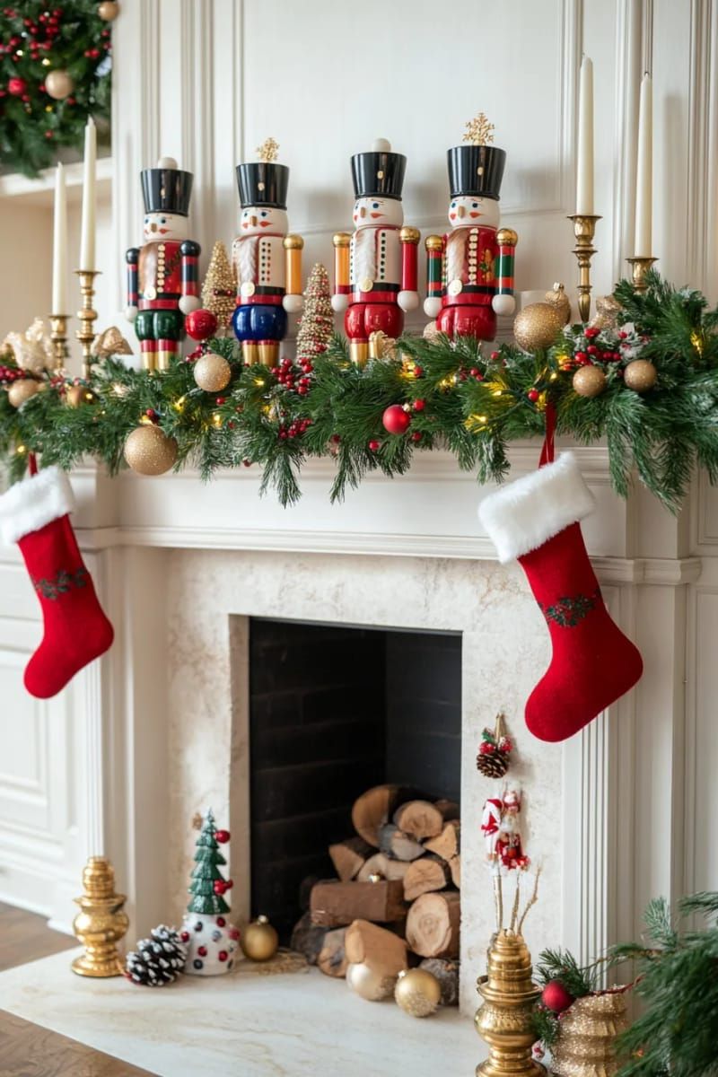 hand-painted wooden nutcrackers as a mantel focal point 1