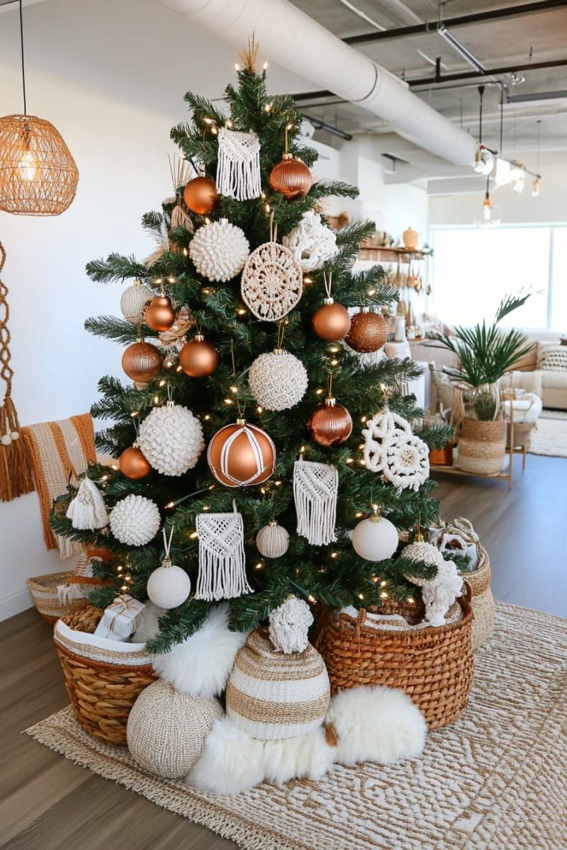 boho-inspired tree with feathers, macramé, and copper baubles 1