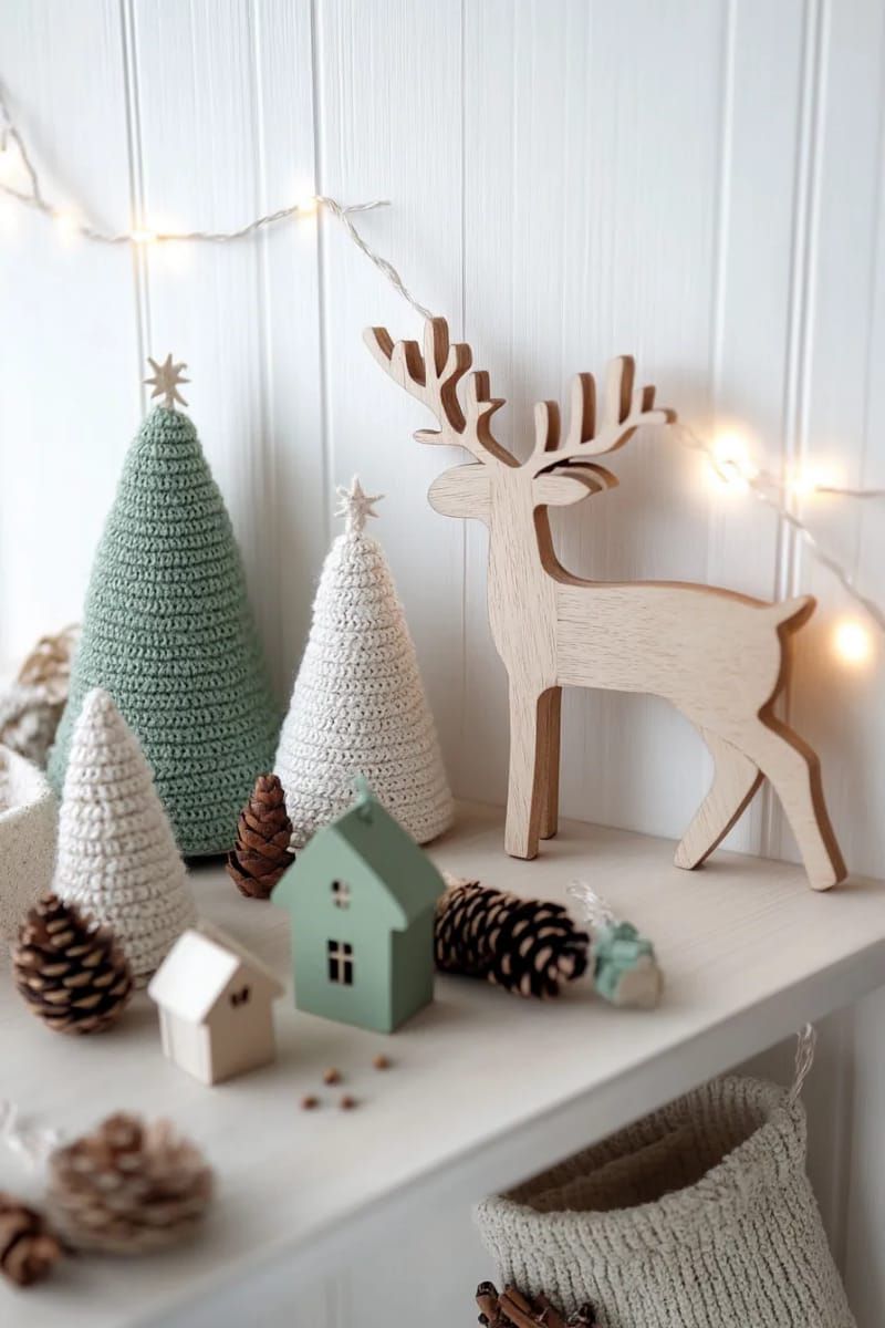 rustic wooden reindeer and cone trees on a scandinavian shelf 1