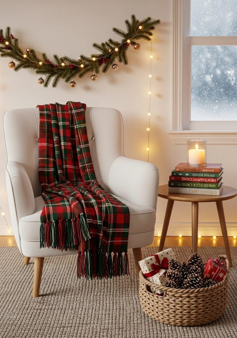 plaid throw blanket draped over a white armchair 1
