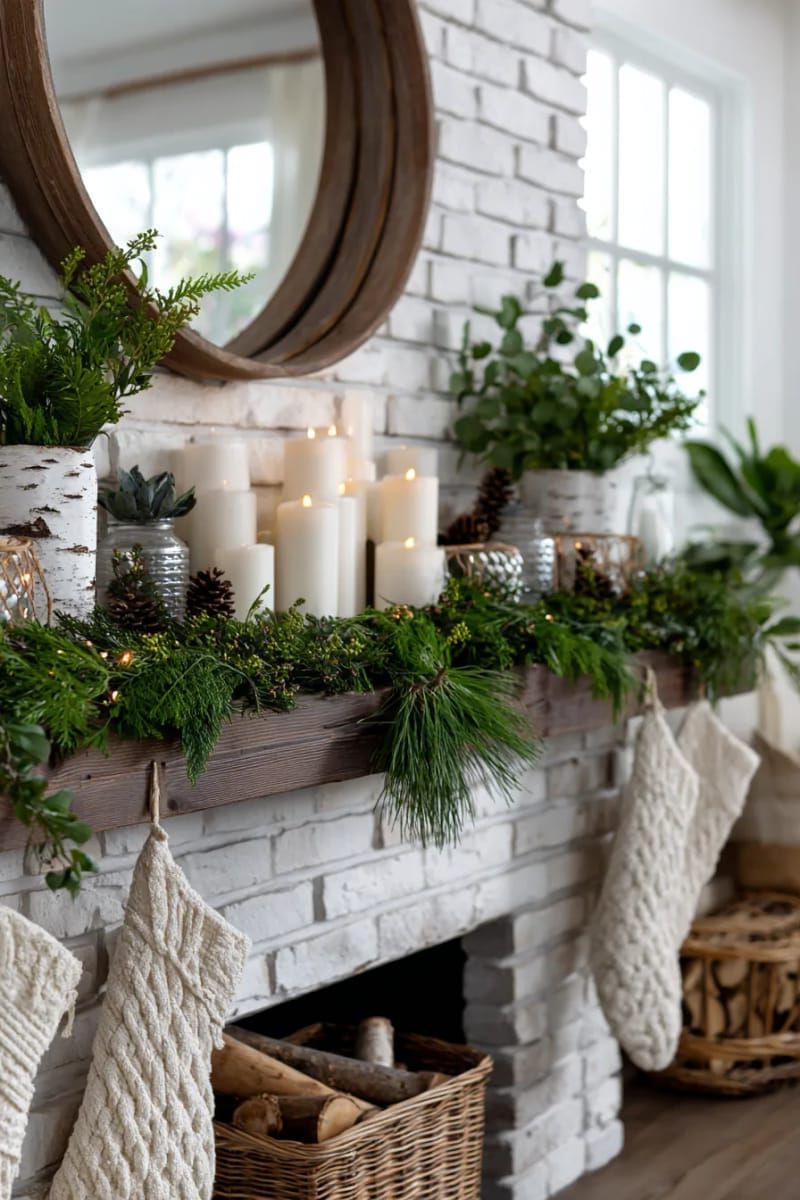 nature-inspired mantel with fresh pine, eucalyptus, and white candles 1