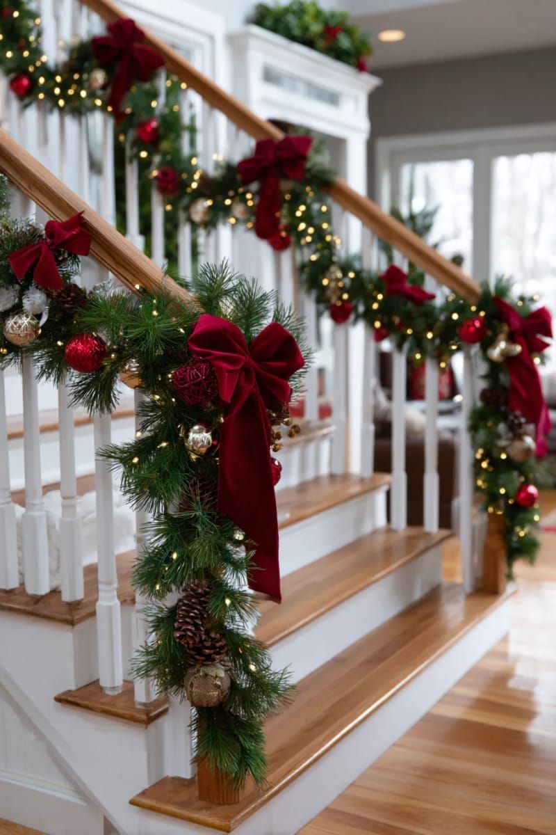 cascading garland on staircase with red velvet ribbon 1