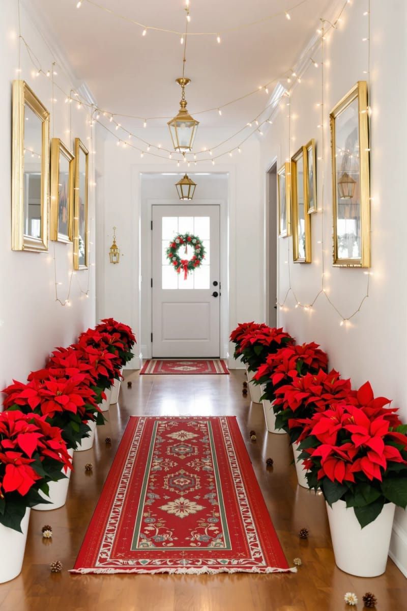 lush red poinsettias lining the hallway in glossy pots 1
