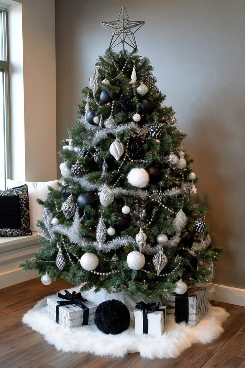 monochrome tree with black, white, and silver ornaments 1