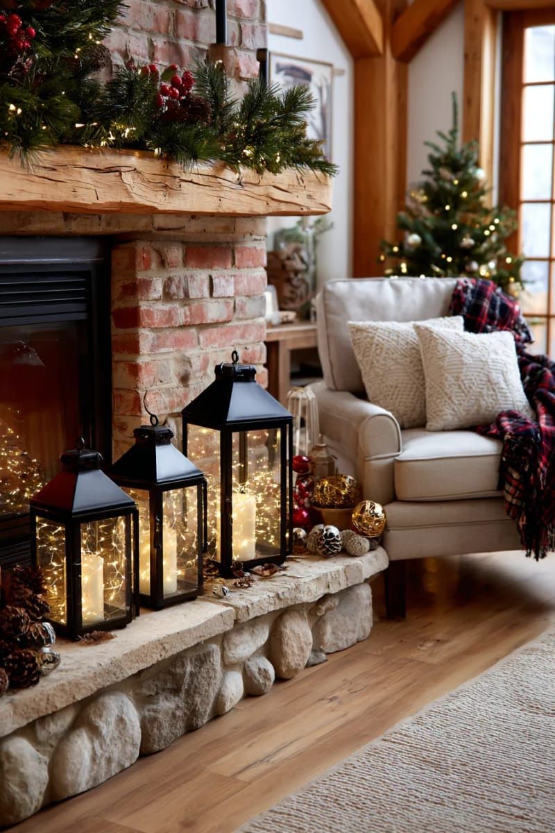 stacked lanterns filled with fairy lights by the fireplace 1