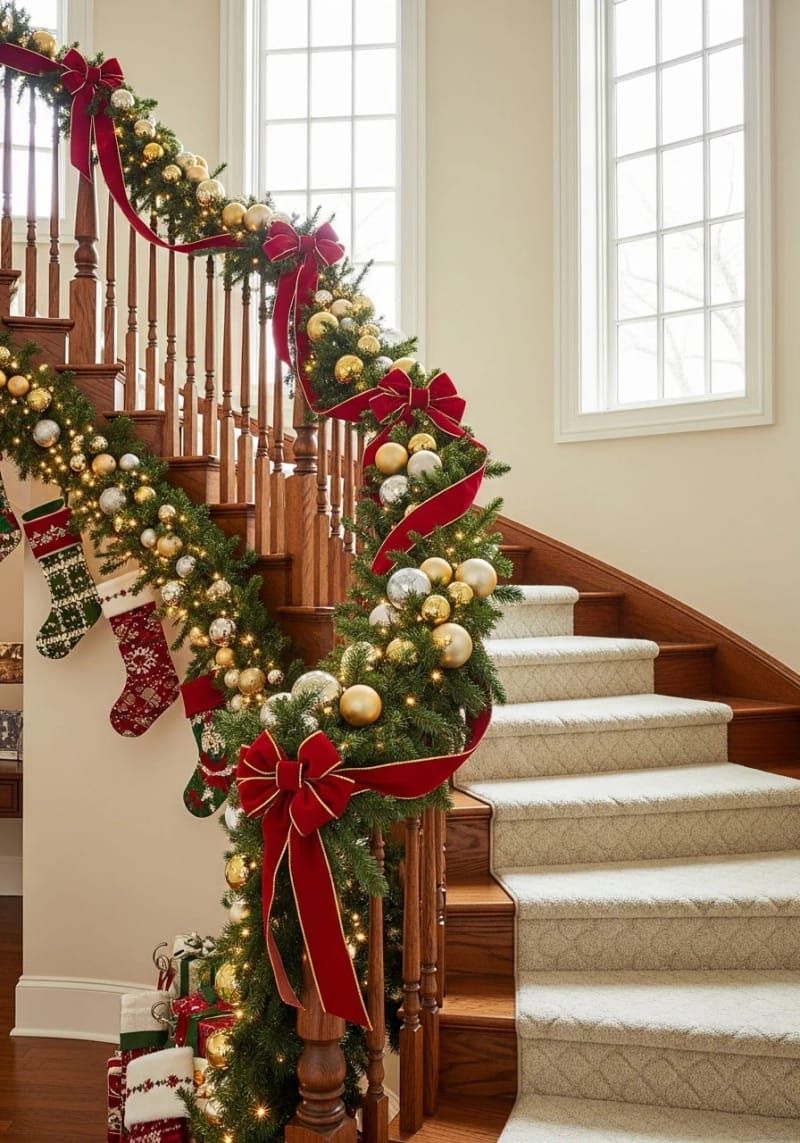 cascading garland on staircase with red velvet ribbon 1
