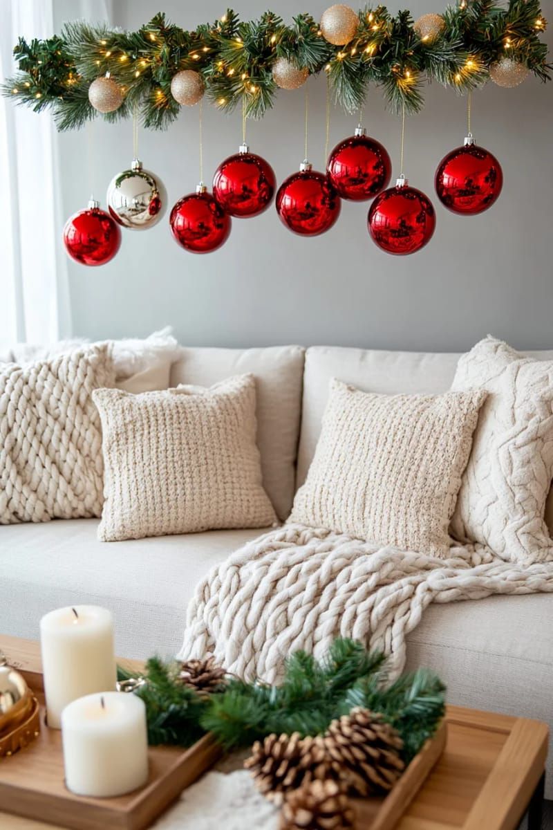 suspended red ornaments above a couch for floating effect 1