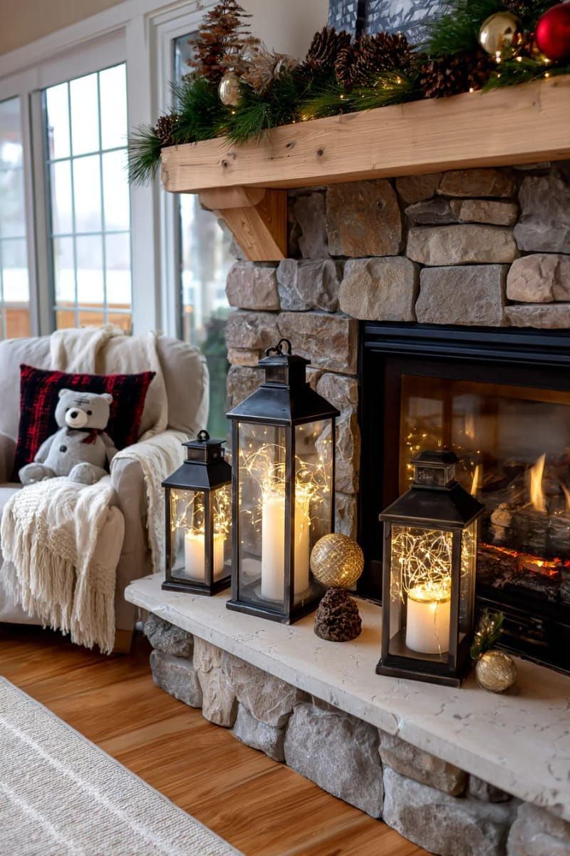 stacked lanterns filled with fairy lights by the fireplace 1