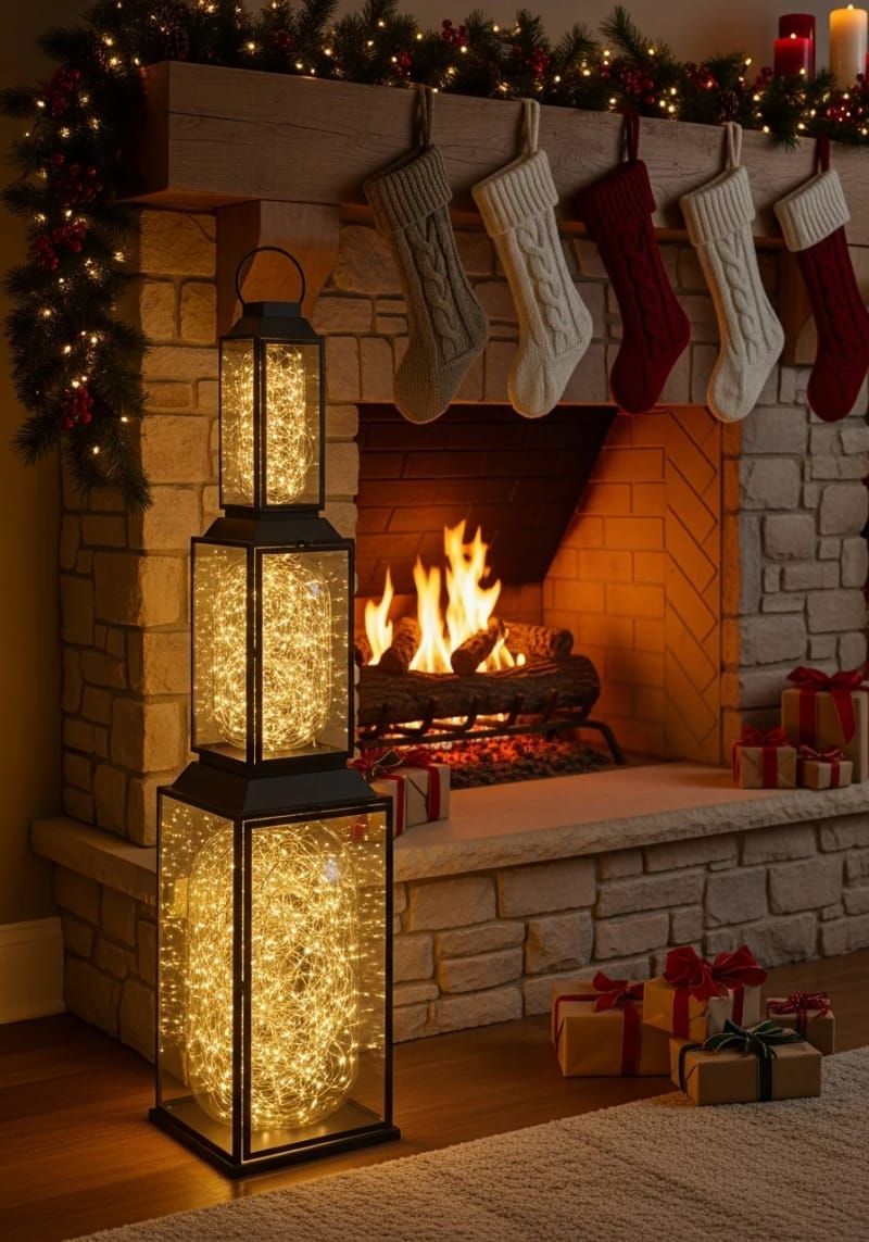 stacked lanterns filled with fairy lights by the fireplace 1