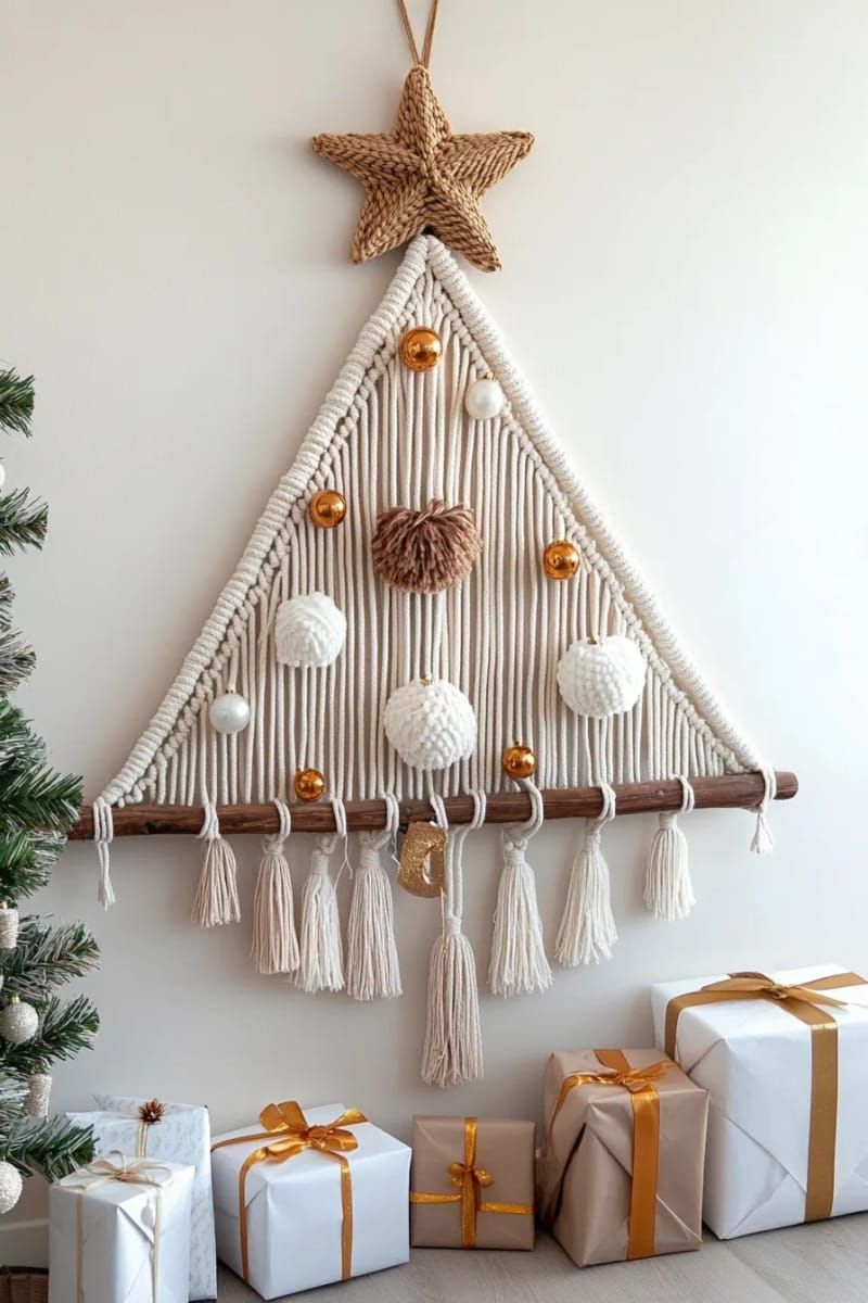 boho-inspired tree with feathers, macramé, and copper baubles 1
