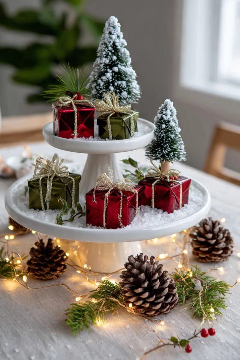 tiered trays with mini trees, tiny presents, and fairy lights 1