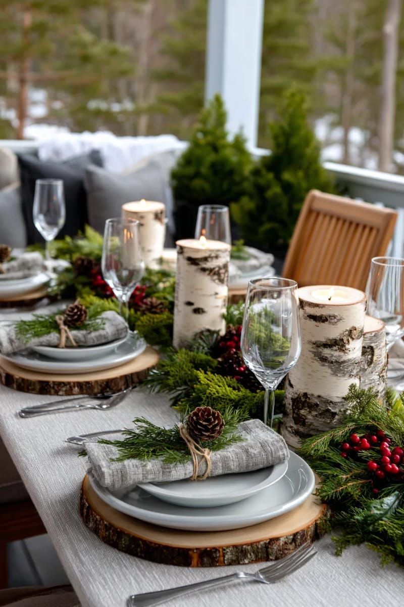 outdoor-inspired tablescape with pine sprigs and birch wood accents 1
